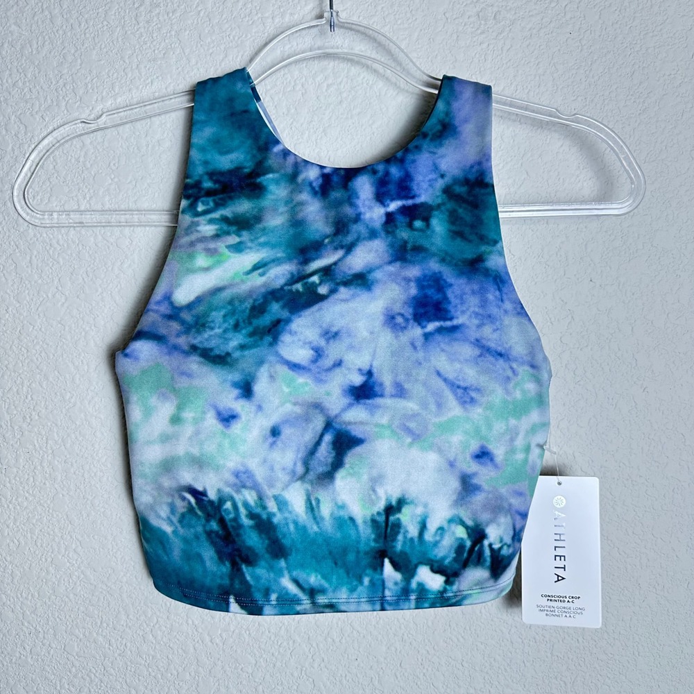 Athleta Conscious Crop Printed A-C Blue Green Tie Dye Powervita Tank Top XS NEW